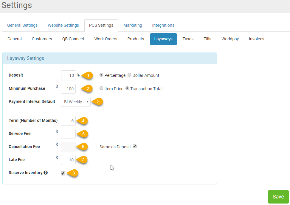 Point of Sale Settings Layaway Tab